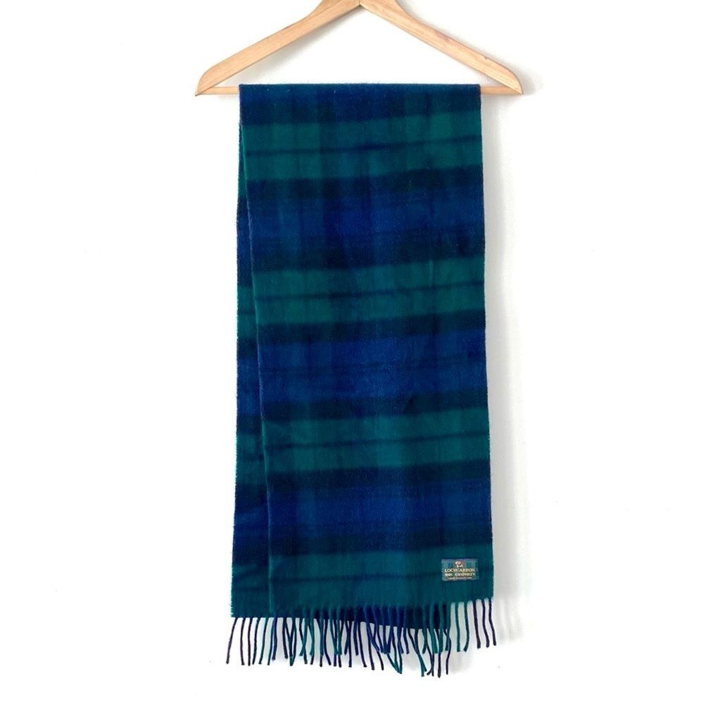 Lochcarron 100% Cashmere Scarf Made in Scotland Green Blue Plat Soft Luxury Chic